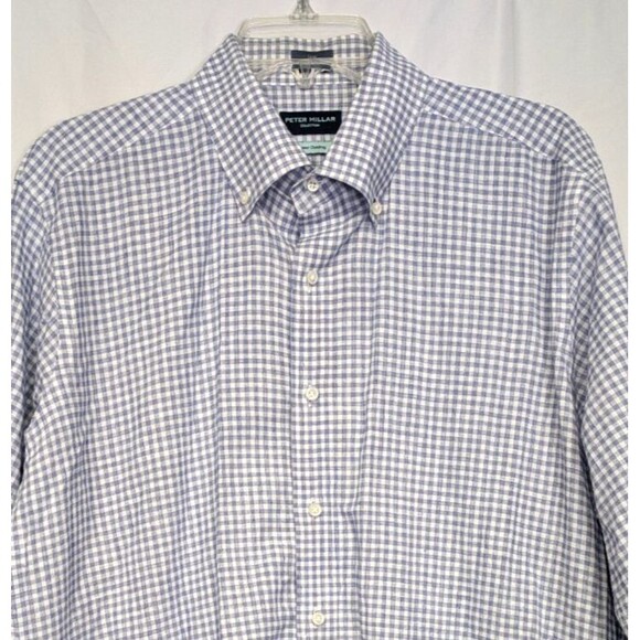 Peter Millar Summer Chambray Shirt Mens Large Blue Check Button Down Long Sleeve - Picture 1 of 9